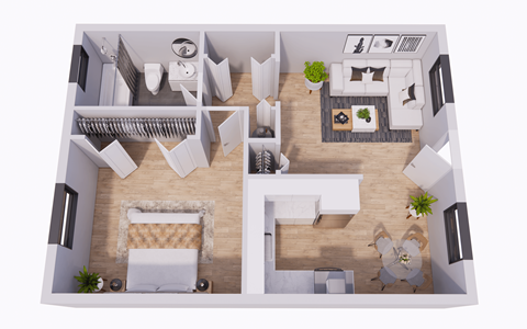 A top-down view of a small apartment with a living room, kitchen, and bathroom.